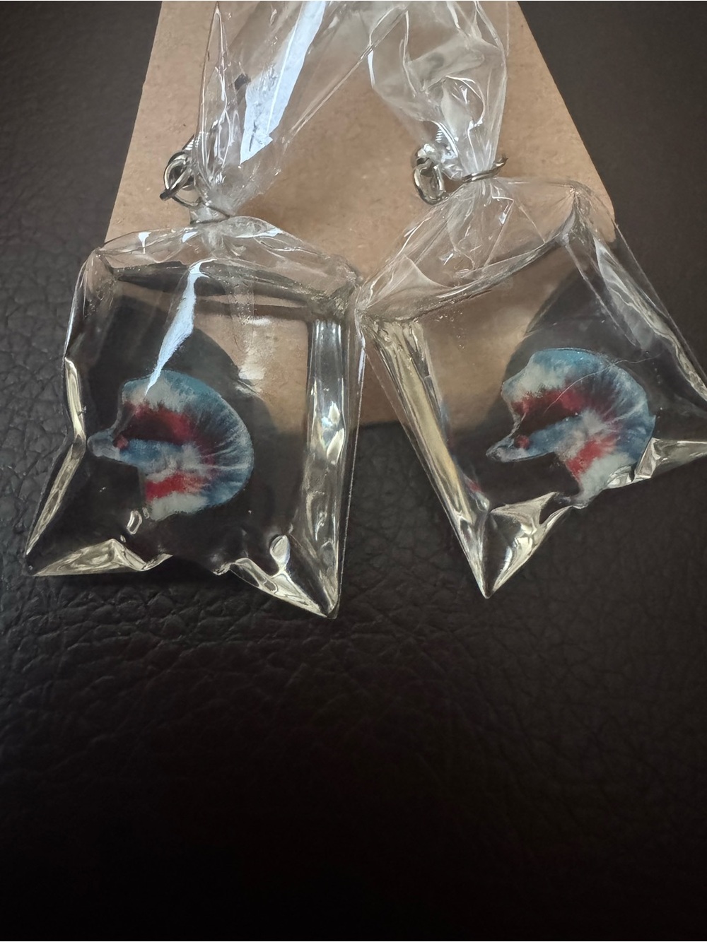 NWT Novelty Fish-in-Bag Earrings - Blue & Red, Summer Jewelry
